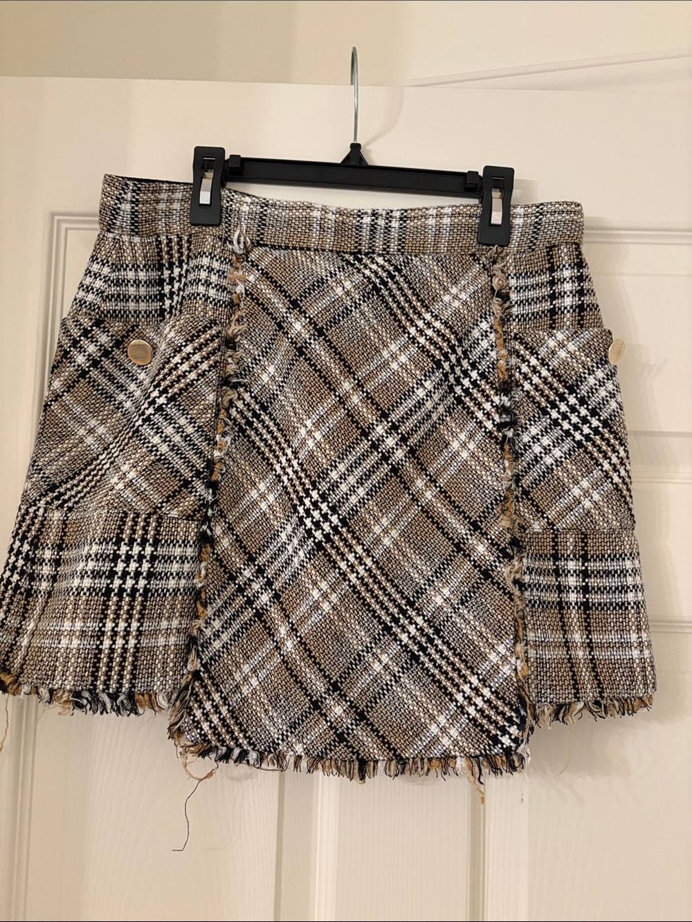 Zara Brown Black White Plaid Tweed Mini Skirt size L